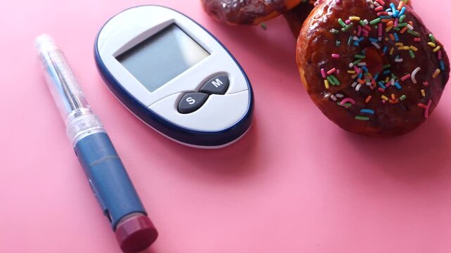 Diabetes management tools with chocolate donuts and insulin pen on pink background for medical footage