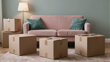 Fototapeta premium Pink sofa with teal pillows, surrounded by moving boxes in a cozy living room.