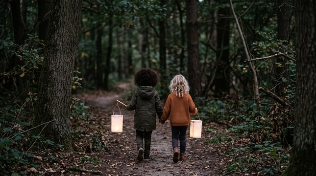 Two diverse children holding hands walk through a dark forest path carrying glowing lanterns at dusk