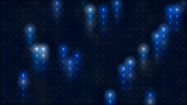 Abstract Background with Glowing Blue Question Marks and Bokeh Effect Representing Uncertainty