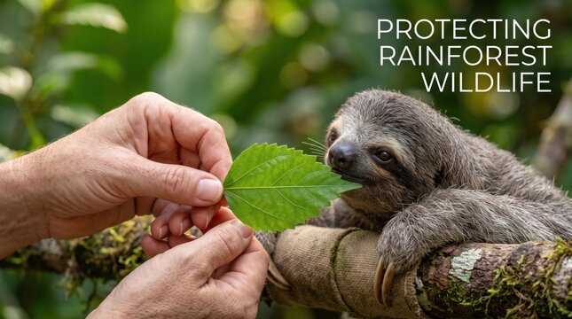 Human hands holding a fresh green leaf to feed a small brown sloth resting on a mossy tree branch in a lush tropical rainforest environment