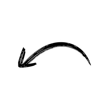 Hand drawn black arrow, curved sketch pointer icon, isolated doodle design element