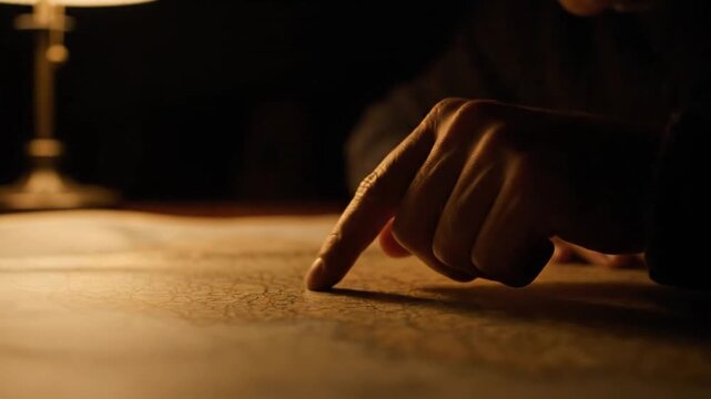 Hand Tracing Route Line on Vintage Map. 4K Video