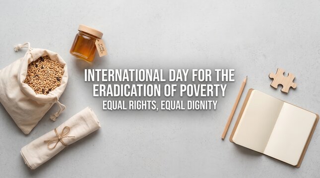 International day for the eradication of poverty concept with a cloth bag of grains a glass jar of honey a notebook a pencil and a wooden puzzle piece on a light gray background