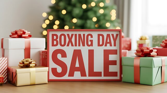  Boxing Day Sale Sign Surrounded by Colorful Christmas Gifts and Festive Decorations for Holiday Shopping