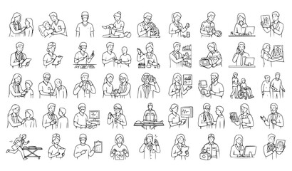 Obraz premium Business People Line Icon Set with Professionals Working Meeting and Holding Objects Outline Character Vector Illustration Collection