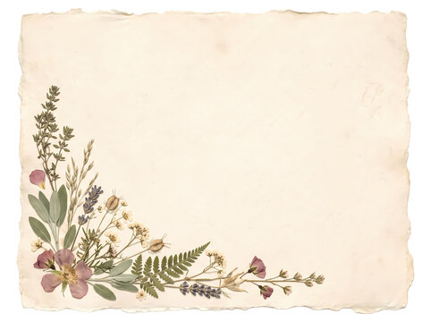 Delicate pressed flowers and herbs frame a vintage torn paper background, perfect for invitations and scrapbooking
