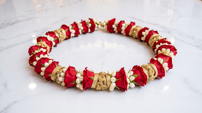 Beautiful indian wedding varmala with red roses and gold accents