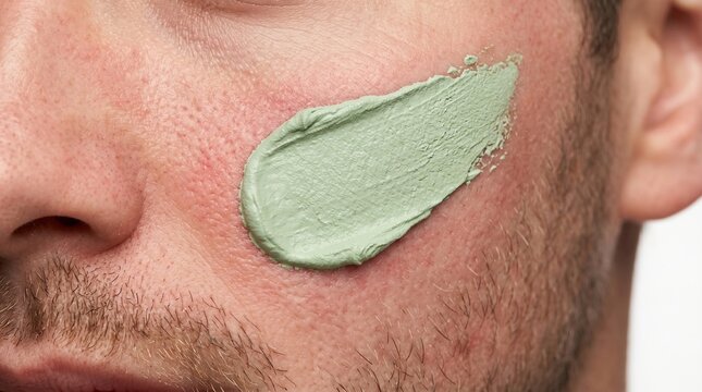 Close up of handsome man with stubble applying green clay mask on his cheek