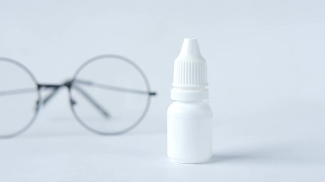 White eye drops bottle and blurred eyeglasses on white background, slow motion