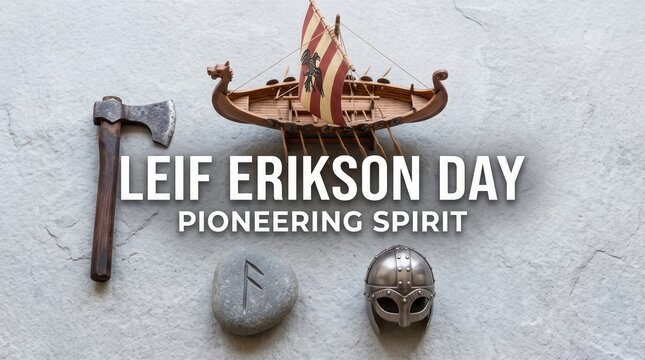 Miniature wooden viking longship model with striped sail next to a metal battle axe a stone with a carved rune and a steel viking helmet on a textured grey stone surface for leif erikson day
