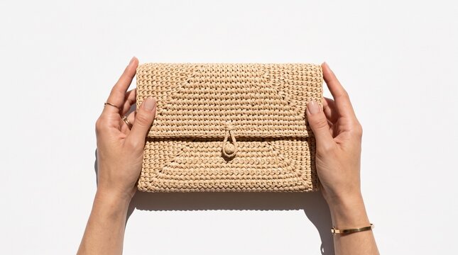 Woman's hands holding a woven raffia clutch bag with condensation droplets on a pure white background summer