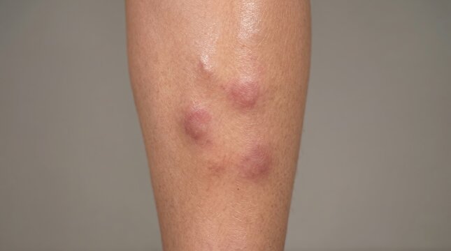 Close up of human leg with red itchy swollen mosquito bites or allergic hives