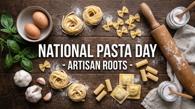 National pasta day artisan roots text overlay on raw pasta ingredients with eggs garlic basil and a wooden rolling pin on a rustic dark brown wooden table surface