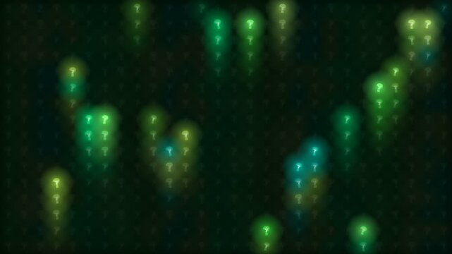 Digital abstract pattern featuring glowing green question marks with bokeh blur effect