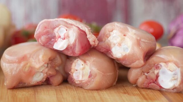 Raw chicken drumstick pieces on wooden board with fresh vegetables in cinematic close up shot