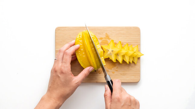 Hands slicing a ripe star fruit on a wooden cutting board, creating star shapes, isolated on white background summer