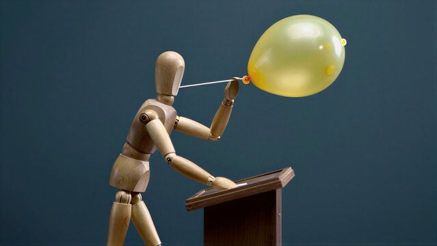 Wooden man holds balloon on podium, symbolizing aspiration or ambition against dark backdrop.