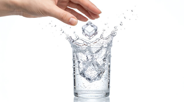 Hand dropping ice cube into glass of water creating splash isolated on white background summer