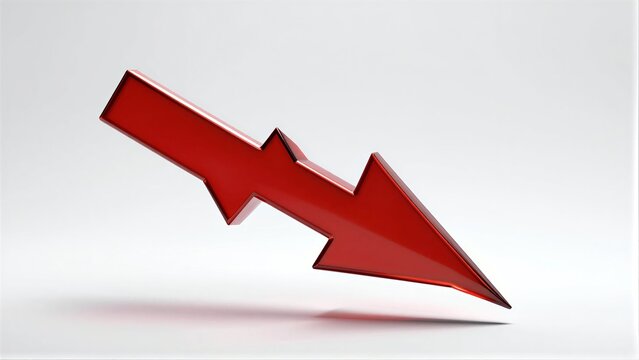 Red downward arrow symbolizing decline, drop or decrease against a plain white background.