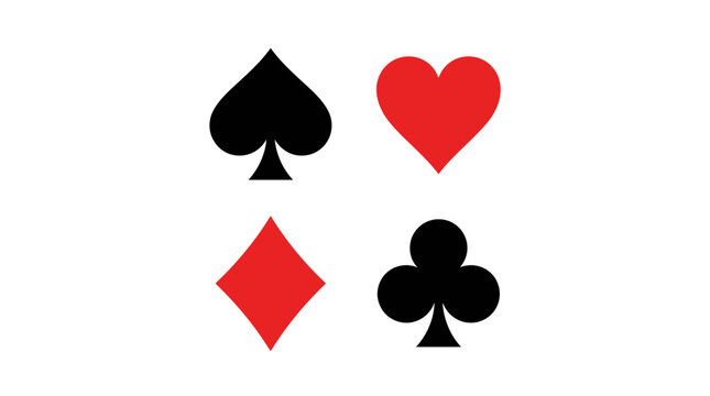 Set of four minimalist playing card suit icons including spade, heart, diamond, and club symbols in red and black colors isolated on a plain white background for gambling design.