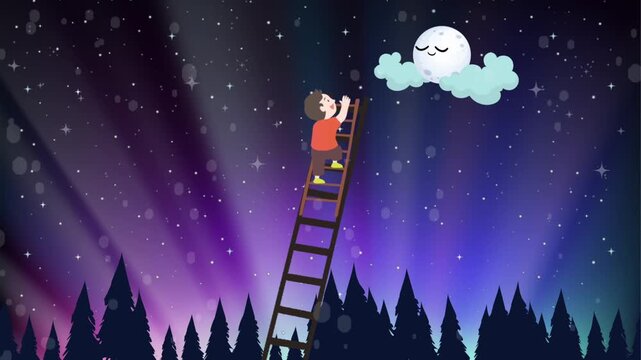  Little boy climbing a ladder to reach a sleeping moon in a magical starry night sky with aurora borealis