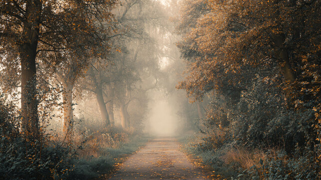 Cinematic autumn wallpaper showing a quiet forest path disappearing into morning fog, amber and muted green foliage along both sides, soft atmospheric depth