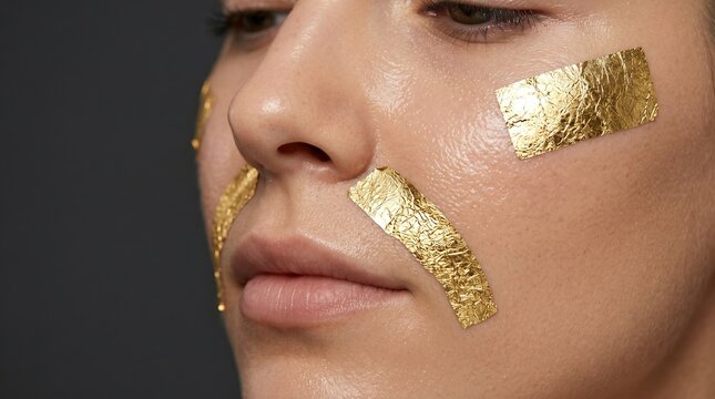 Close up of woman's face with luxury 24k gold leaf patches applied for anti-aging skincare
