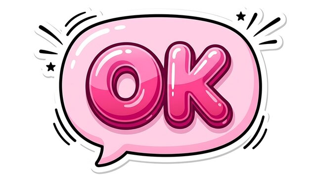 A hand drawn pink speech bubble illustration features the word ok inside with a delightful scattering of bright sparkling stars all around