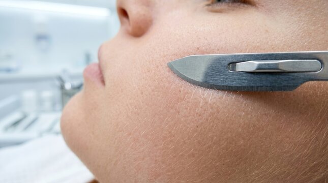 Close up of dermaplaning exfoliation treatment using a surgical scalpel on woman's face