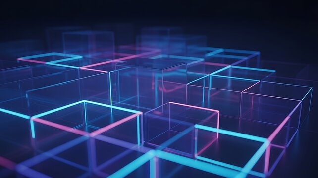 Futuristic Abstract 3D Neon Grid of Interconnected Transparent Cubes in Blue and Pink Glow, Digital Technology, Data Network and Metaverse Concept