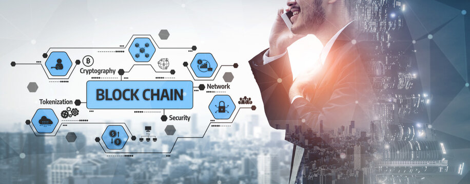 A businessman uses a smartphone while discussing blockchain technology, with a digital interface showcasing key concepts like security, network, and tokenization against a city backdrop. Tessel