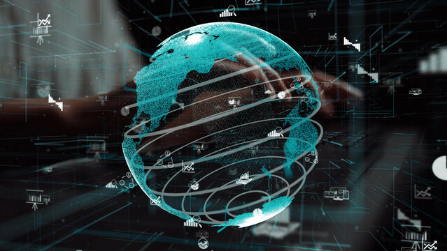 A stunning digital globe visualization showcasing data graphics and analytics symbols representing global connectivity and financial insights in a high-tech design. Xenic