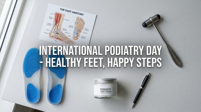 Podiatry medical supplies including blue gel shoe insoles a foot anatomy chart a reflex hammer and a jar of foot cream on a white desk surface