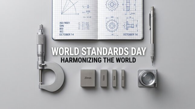Standards day flat lay with open engineering notebook micrometer mechanical pencil gauge blocks and magnifying glass on a grey background