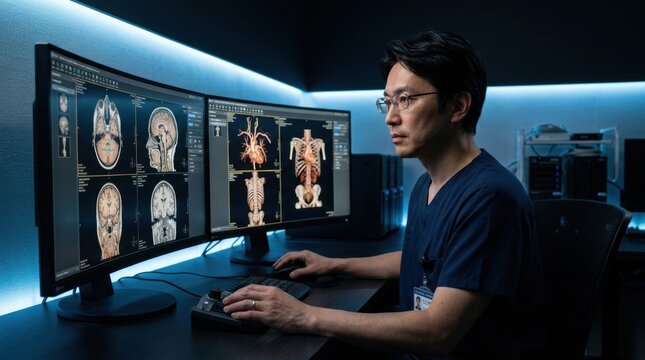 Healthcare professional analyzing multiple medical brain scans on large computer monitors