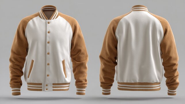 Vibrant green and white varsity baseball jacket mockup front and back view, classic sporty bomber jacket apparel template on gray background for custom clothing design, team uniforms, streetwear brand