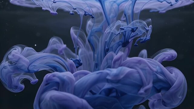 Abstract purple ink in water background, ethereal violet paint swirls dissolving in liquid. Artistic smoke effect with flowing indigo pigments. Cinematic slow motion color drop for creative.
