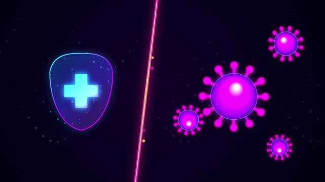 Digital illustration virus particles shielded by glowing protective cross symbol