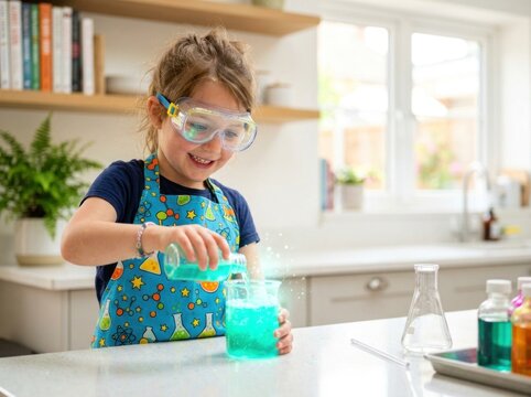 Curious little girl in safety goggles conducting colorful chemistry science experiment in bright kitchen