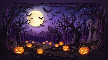 Fototapeta premium Halloween background with spooky pumpkin lantern and bat flying under full moon