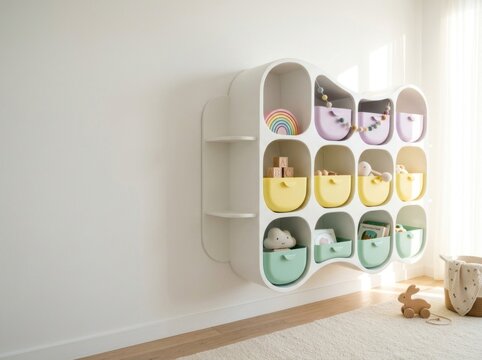 Overhead view of cute baby playing in colorful ball pit and modern modular pastel storage cubbies in nursery