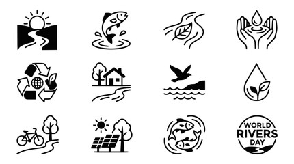 Fototapeta premium Ecology Icons Set: Nature, River, Water, Recycle, Solar Power, Wildlife
