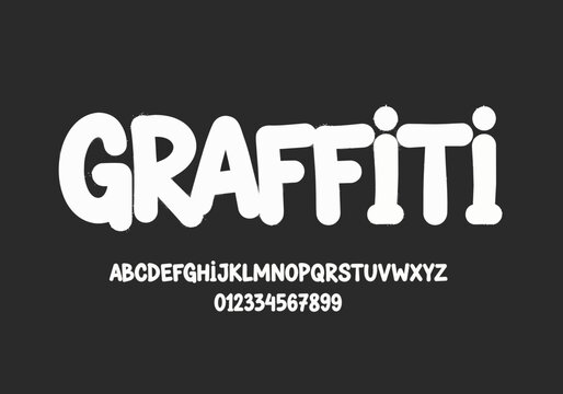 White graffiti style bubble font lettering with alphabet and numbers, isolated on transparent alpha background, suitable for graphic design, typography projects and urban art concepts.