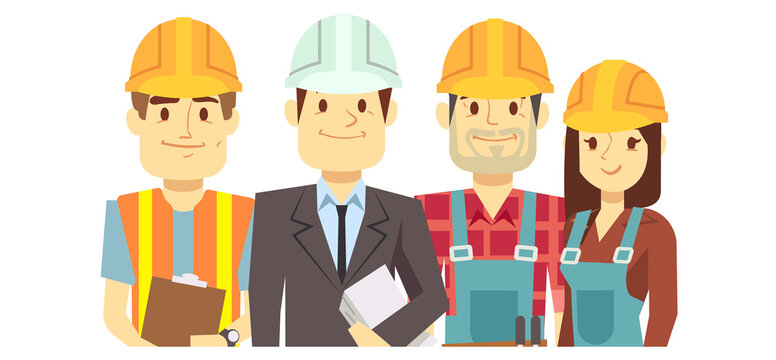 Engineer team color characters. Cartoon contractor builders
