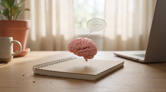 A Thoughtful Moment: A realistic 3D render of a human brain levitating above a notebook, with a speech bubble containing ellipses indicating thought or contemplation.