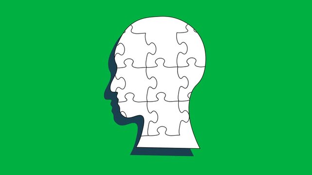 Medical vector animation displaying a human head profile composed of jigsaw puzzle pieces with a distinct highlighted segment, showcasing bipolar disorder, major depressive disorder, cyclothymia