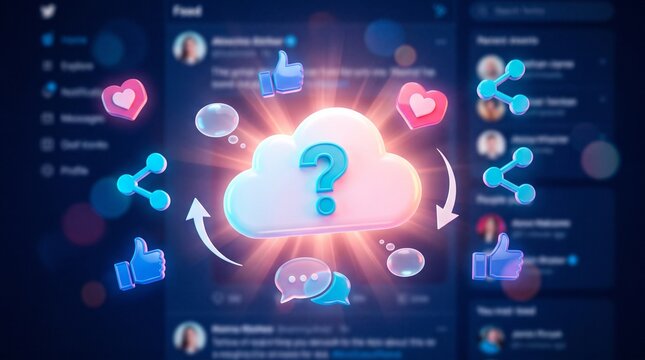 Social Media Cloud of Questions: A glowing cloud with a question mark hovers amidst a vibrant digital display of social media icons, notifications, and user profiles.