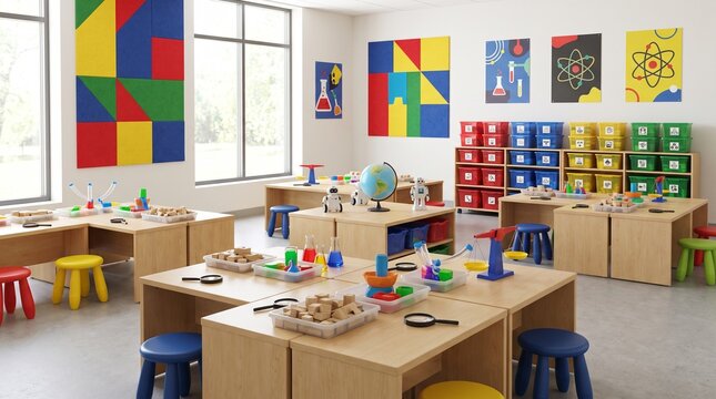 Empty elementary classroom interior, wooden science activity tables with test tubes, ready for learning, colorful schoolroom background, interior photography