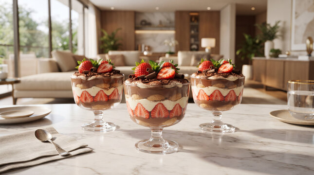 Gourmet Pav&ecirc; de Morango com Chocolate Served in Elegant Glass Dessert Cups